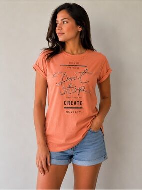 DeFacto Women’s Small Rhinestone Graphic T-Shirt Peach Short Sleeve Casual Tee